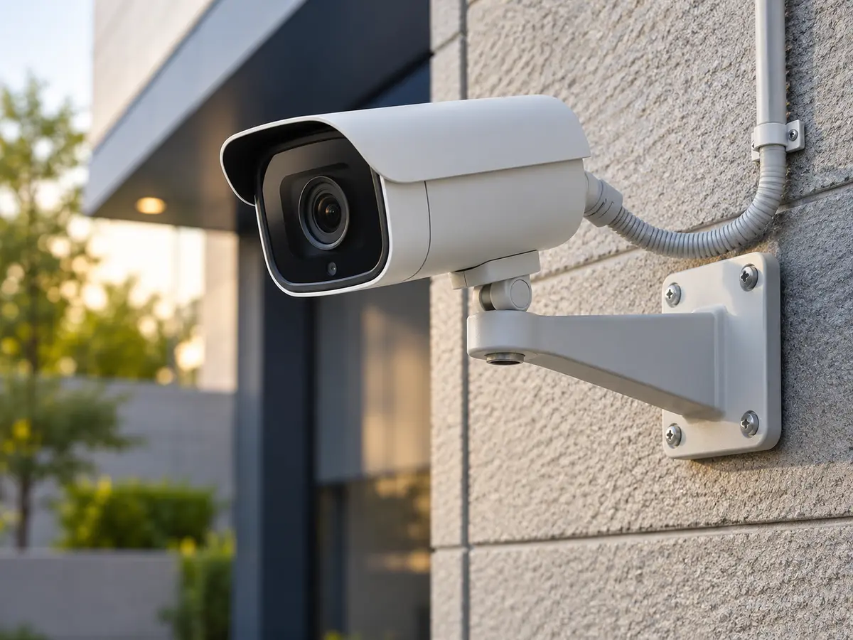 건물 벽면에 브라켓으로 고정한 CCTV